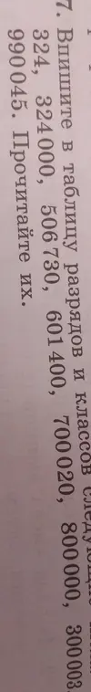 Ты просишь вписать в таблицу разрядов и классов следующие числа: 324, 324000, 506730, 601400, 700020, 800000, 300003, 990045 и прочитать их.