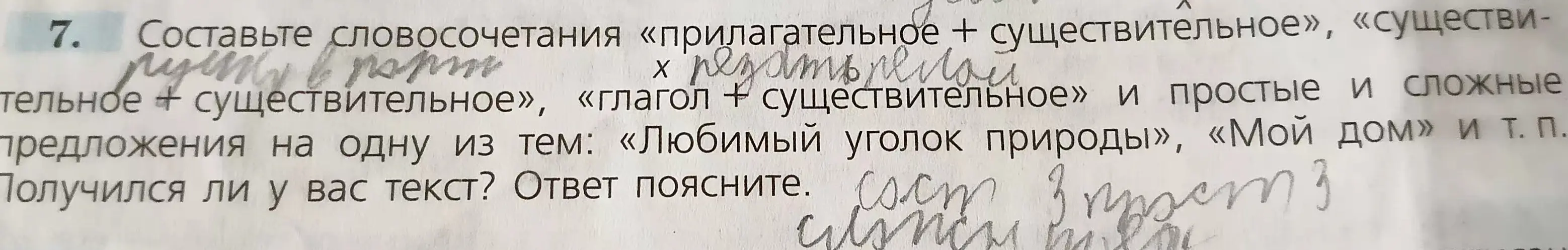 Можешь ли ты составить словосочетания «прилагательное + существительное», «существительное + существительное», «глагол + существительное» и простые и сложные предложения на одну из тем: «Любимый уголок природы»?