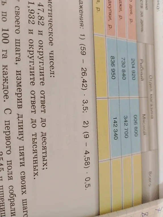 Помоги решить выражения: 1) (59 - 26,42) * 3,5; 2) (9 - 4,58) * 0,5 и округлить числа 47,82 и 1,932