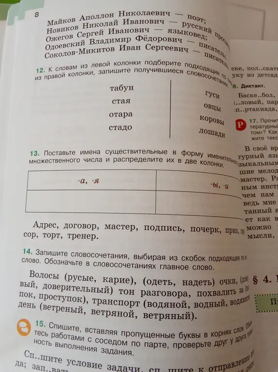 Выполни задание: К словам из левой колонки подбери подходящие по смыслу из правой колонки, запиши получившиеся словосочетания