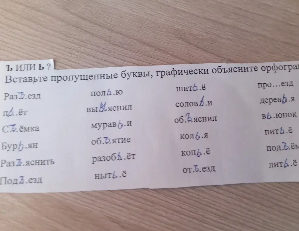 Ты просишь вставить пропущенные буквы (ъ или ь) в словах и графически объяснить орфограмму.