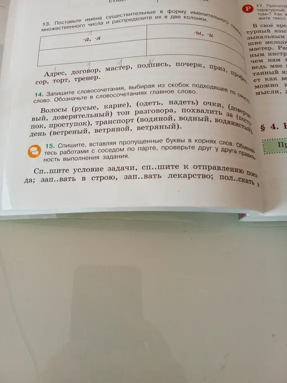 Поставь имена существительные в форму именительного падежа множественного числа и распредели их в две колонки.