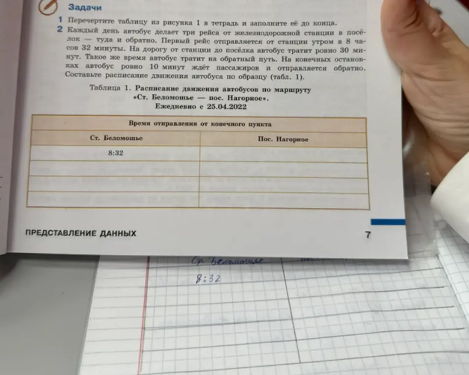 Составь расписание движения автобуса по образцу (табл. 1).