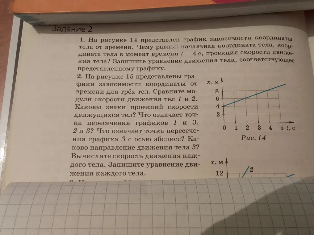 Можешь ли ты помочь решить задачи по физике: чему равны начальная координата тела, координата тела в момент времени t = 4 с, проекция скорости движения тела? Запиши уравнение движения тела, соответствующее представленному графику.