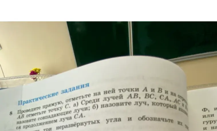 Объясни, как выполнить задание: проведи прямую, отметь на ней точки А и В и на отрезке АВ отметьте точку С; определи совпадающие лучи и луч, являющийся продолжением луча СА