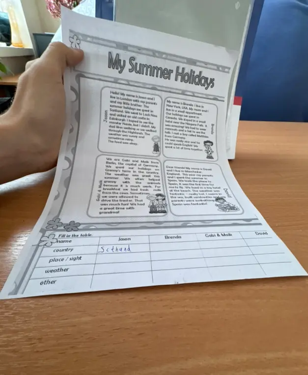Заполни таблицу о летних каникулах ребят