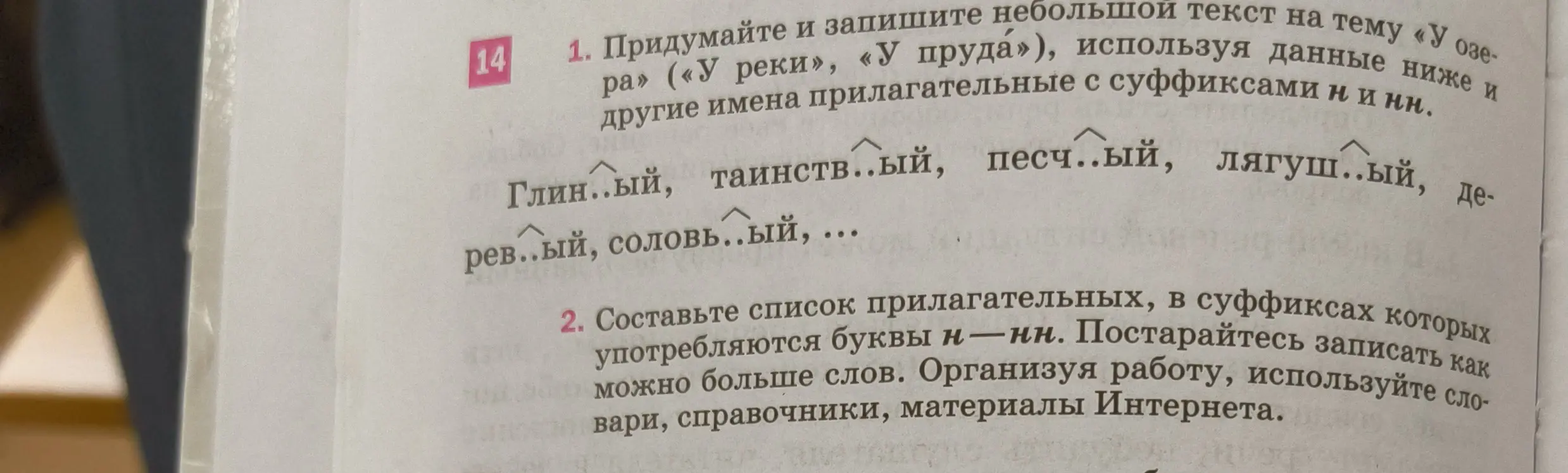 Предложи небольшой текст на тему «У озера», используя имена прилагательные с суффиксами н и нн
