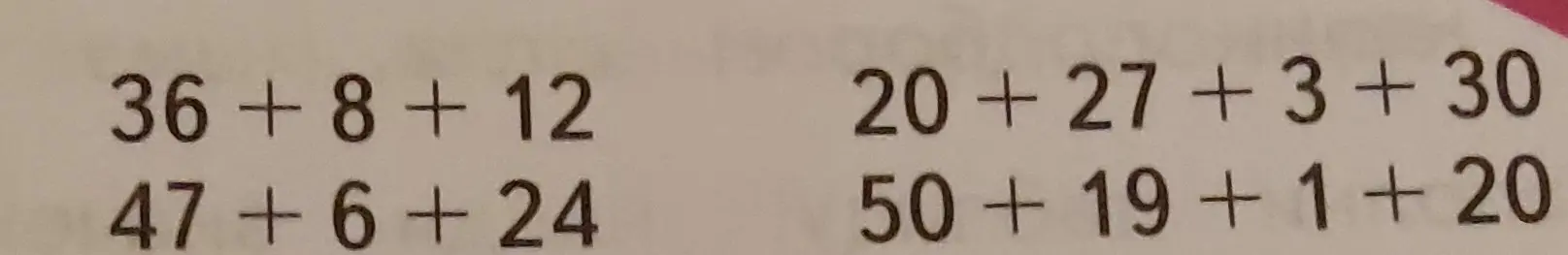 Вычисли значения выражений: 65 + 9 + 5, 76 + 8 + 4, 36 + 8 + 12, 20 + 27 + 3 + 30, 47 + 6 + 24, 50 + 19 + 1 + 20
