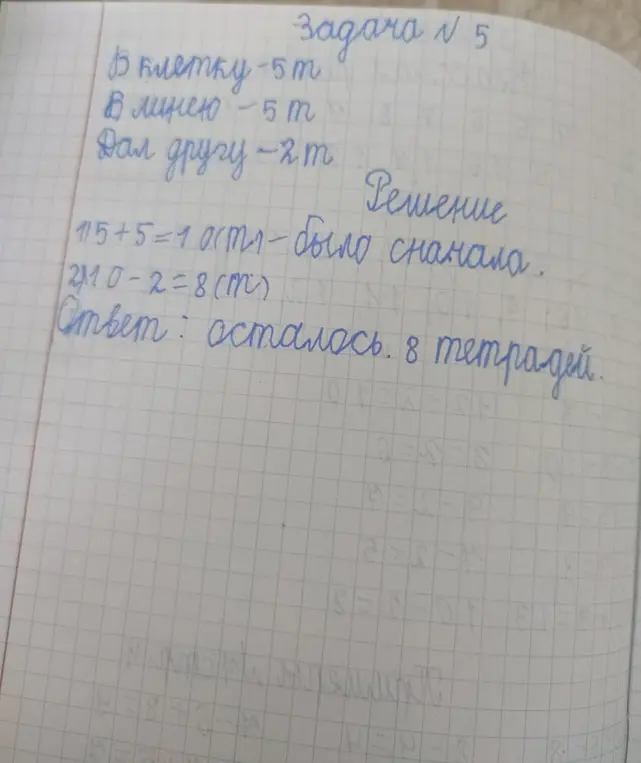 Помоги решить задачу: в клетку - 5 тетрадей, в линейку - 5 тетрадей, отдал другу - 2 тетради. Сколько тетрадей осталось?