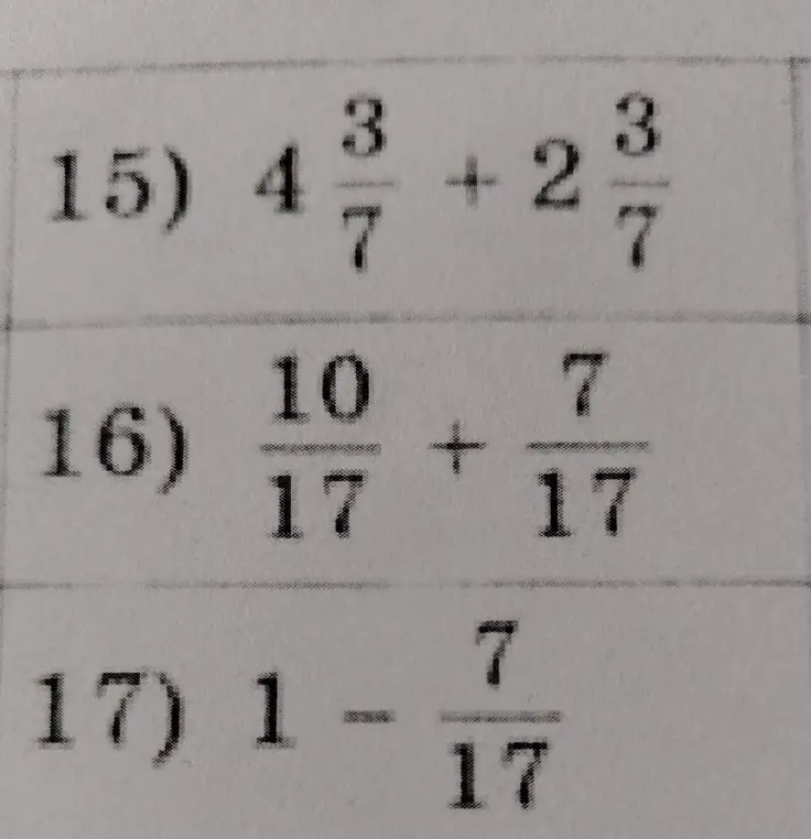 Можешь ли ты решить примеры: 15) 4 3/7 + 2 3/7, 16) 10/17 + 7/17, 17) 1 - 7/17?