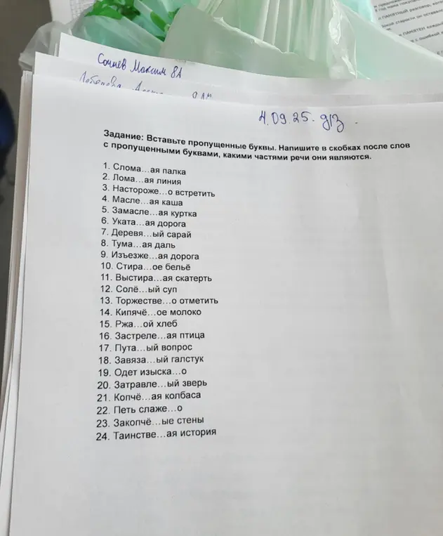 Помоги мне вставить пропущенные буквы в словах и указать, какой частью речи они являются: 1. Слома...ая палка