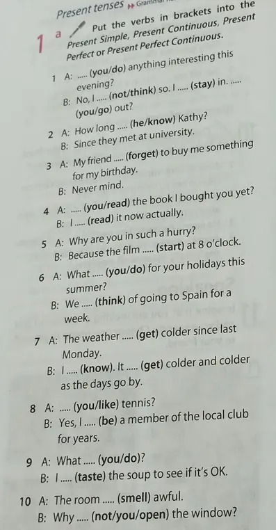 Помоги вставить глаголы в скобках в Present Simple, Present Continuous, Present Perfect или Present Perfect Continuous в английском языке