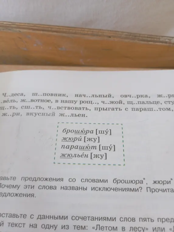 Составь предложения со словами брошюра и жюри. Почему эти слова названы исключениями?