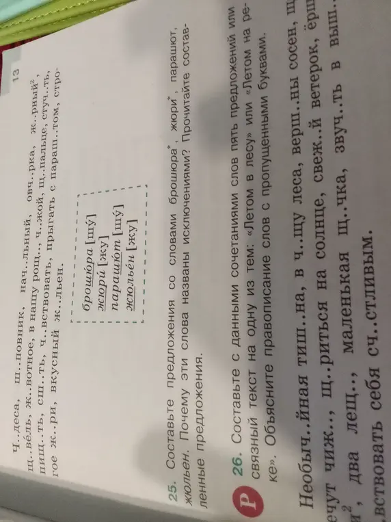 Объясни, почему слова "брошюра", "жюри", "парашют", "жюльен" названы исключениями и составь с ними предложения. Составь текст на тему «Летом в лесу», объясни правописание слов с пропущенными буквами.