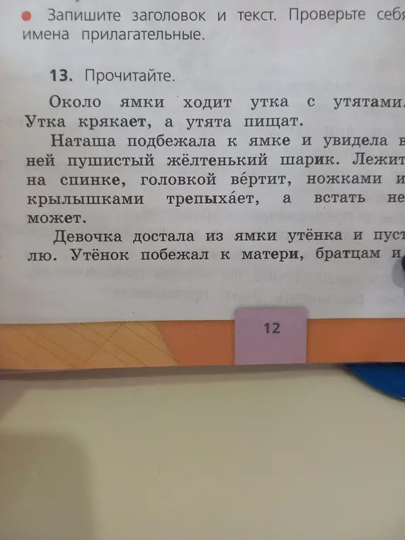 Проверь имена прилагательные в тексте "Около ямки ходит утка с утятами. Утка крякает, а утята пищат. Наташа подбежала к ямке и увидела в ней пушистый жёлтенький шарик. Лежит на спинке, головкой вертит, ножками и крылышками трепыхает, а встать не может. Девочка достала из ямки утёнка и пустила на волю. Утёнок побежал к матери, братцам и...