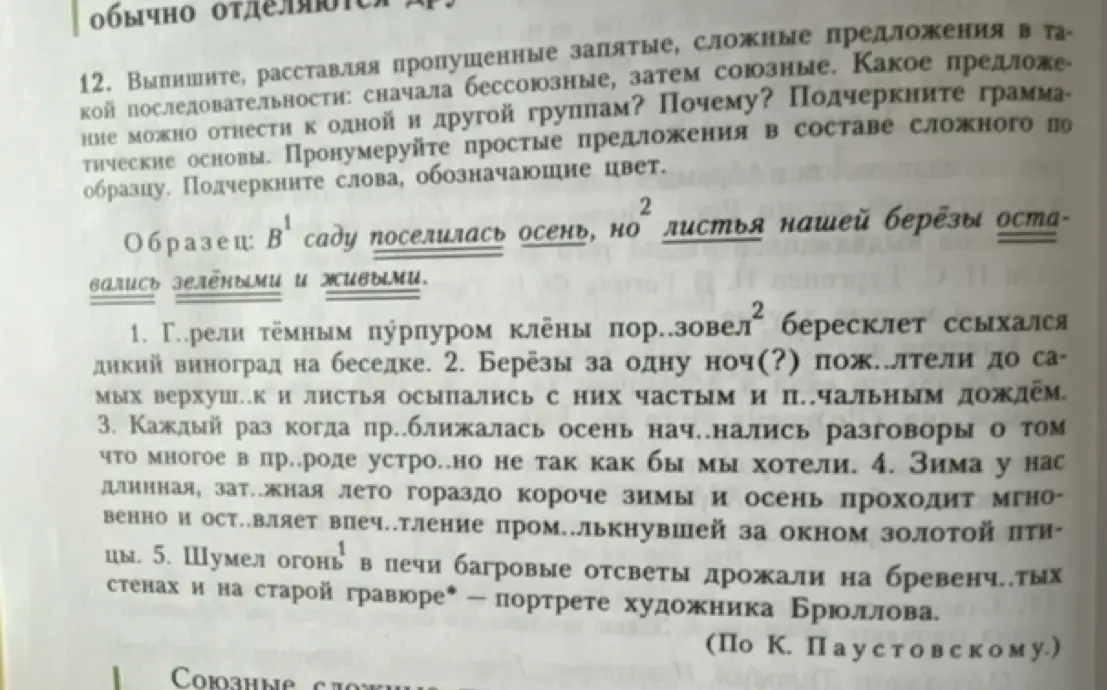 Выполни задание: выпиши, расставляя пропущенные запятые, сложные предложения в такой последовательности: сначала бессоюзные, затем союзные из упражнения 12