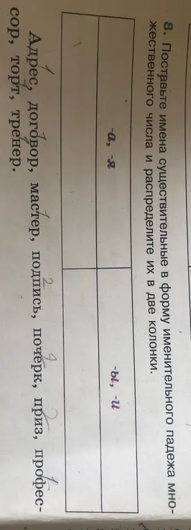 Поставь имена существительные в форму именительного падежа множественного числа и распредели их в две колонки