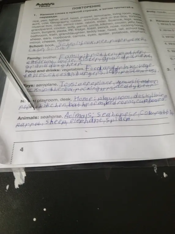 Ты просишь написать слова в нужной строчке, а затем прочитать и перевести