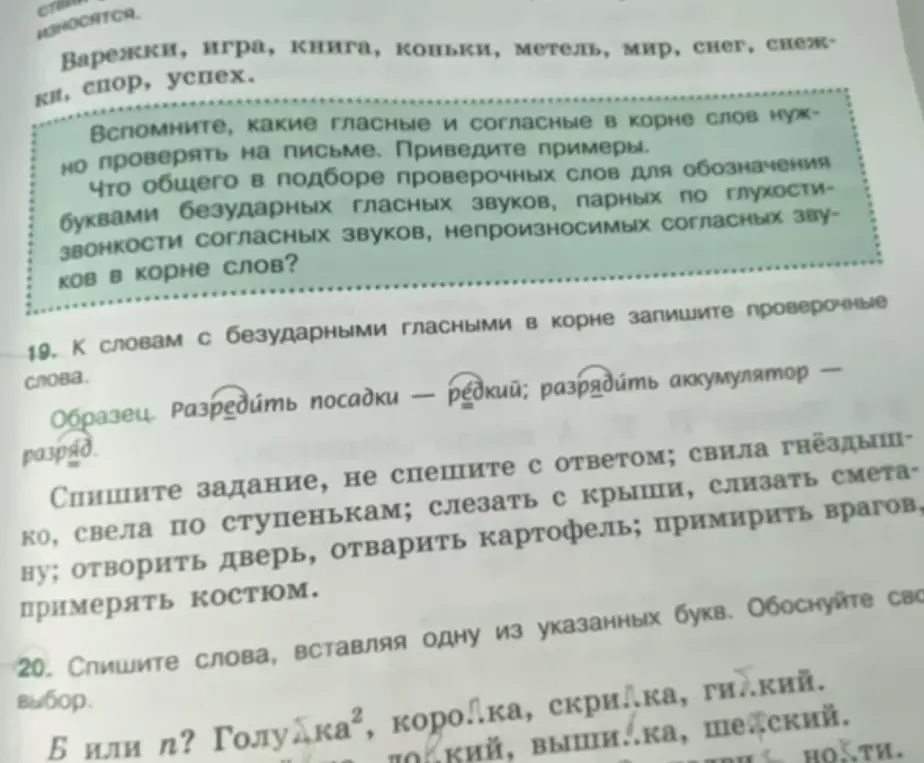 Подбери проверочные слова к словам с безударными гласными в корне в задании 19
