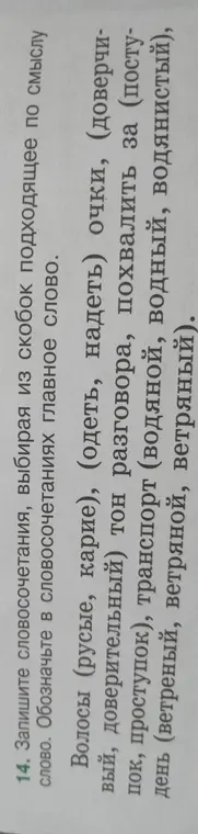 Выбери подходящее слово из скобок и обозначь главное слово в словосочетаниях в упражнении 14