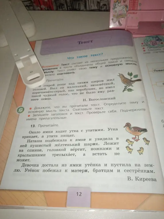 Ты просишь определить тему, основную мысль, озаглавить текст и подчеркнуть имена прилагательные в тексте про утёнка.