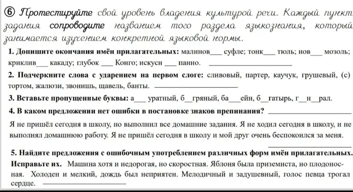 Ты просишь дописать окончания имён прилагательных, подчеркнуть слова с ударением на первом слоге, вставить пропущенные буквы, найти предложение без ошибок в знаках препинания и исправить предложения с ошибочным употреблением различных форм имён прилагательных.
