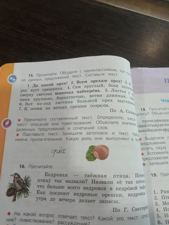 Ты просишь составить текст из предложений про орех и ответить на вопрос, на какой вопрос отвечает текст про кедровку и какой это текст.