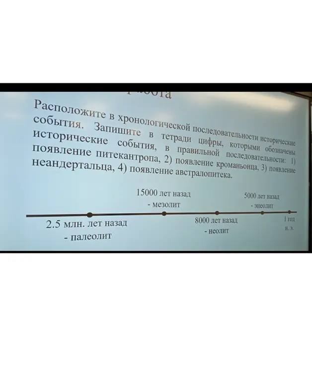 Можешь ли ты расположить исторические события в хронологической последовательности: 1) появление питекантропа, 2) появление кроманьонца, 3) появление неандертальца, 4) появление австралопитека?
