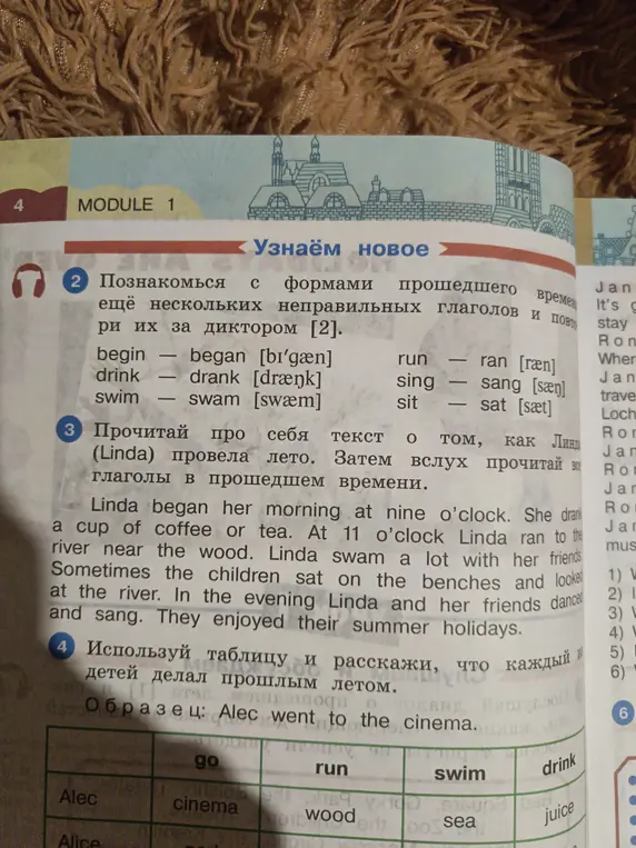 Расскажи, что каждый из детей делал прошлым летом, используя таблицу. Образец: Alec went to the cinema.