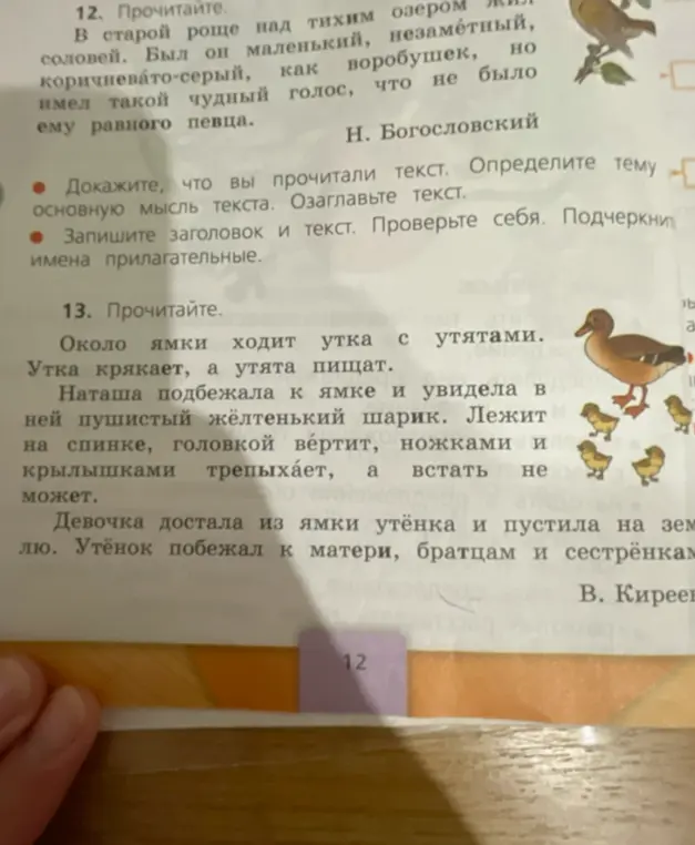 Ты просишь доказать, что прочитал текст №12, определить тему, основную мысль и озаглавить текст, а также записать текст, подчеркнуть имена прилагательные. И выполнить синтаксический разбор предложения в тексте №13.
