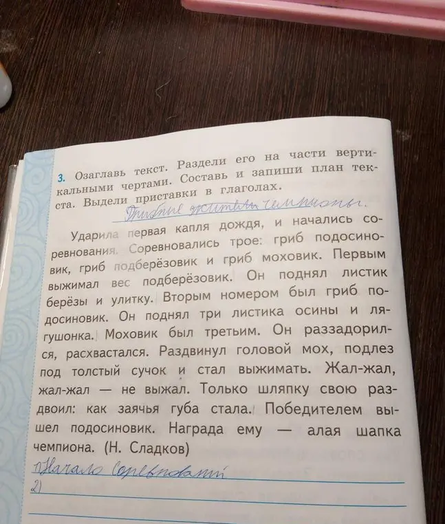 Озаглавь текст, раздели его на части вертикальными чертами, составь и запиши план текста, выдели приставки в глаголах.