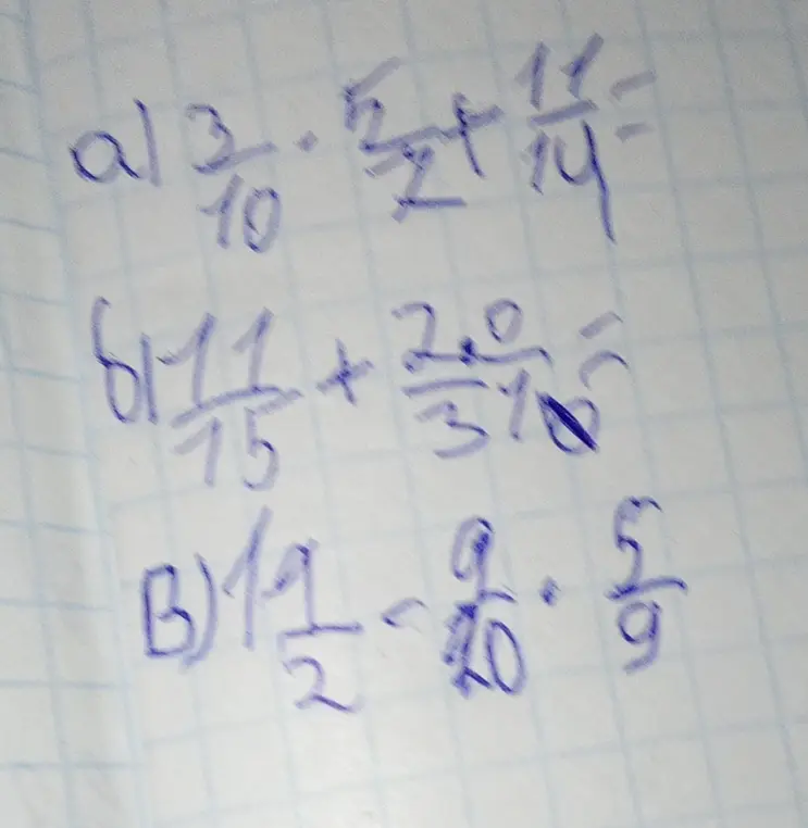 Помоги мне решить примеры с дробями: а) 3/10 * 5/2 + 11/14, б) 11/15 + 20/35, в) 1 1/2 - 9/20 * 5/9.