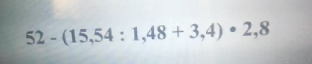 Реши в столбик выражение 52 - (15.54 : 1.48 + 3.4) * 2.8
