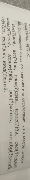 Сгруппируй слова по наличию или отсутствию ь на месте скобок