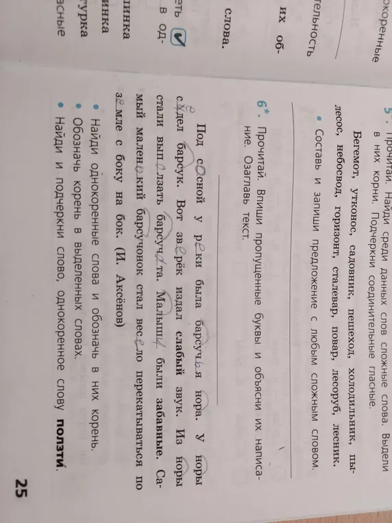 Найди однокоренные слова и обозначь в них корень в тексте про барсука