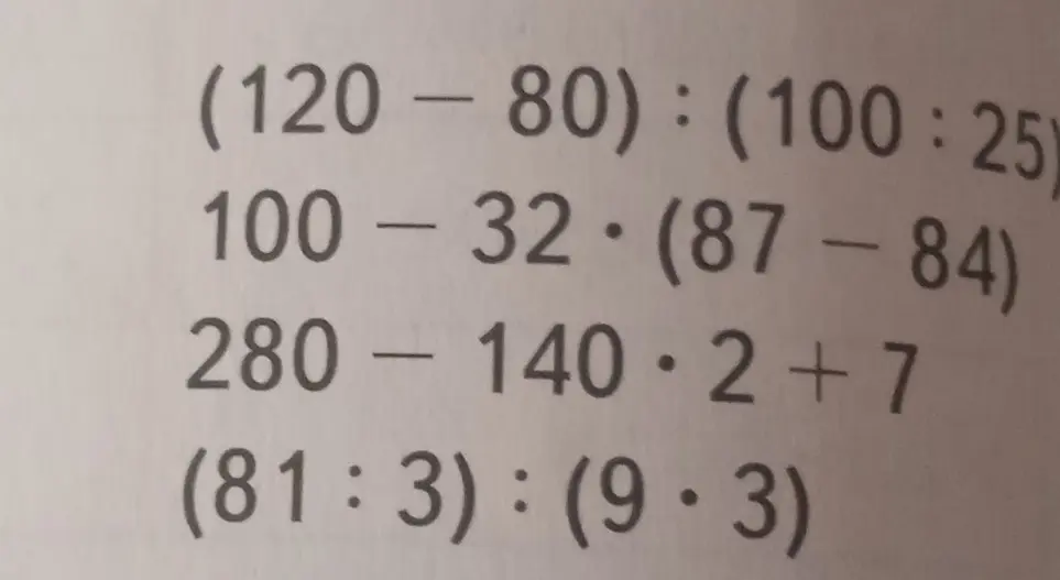 Помоги решить примеры: (120-80):(100:25)