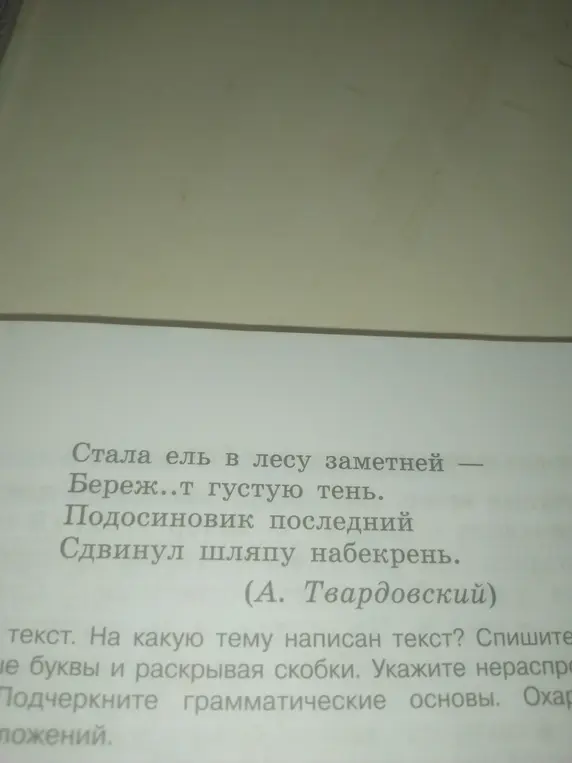 Определи тему текста, спиши текст, вставляя пропущенные буквы и раскрывая скобки, подчеркни грамматические основы.