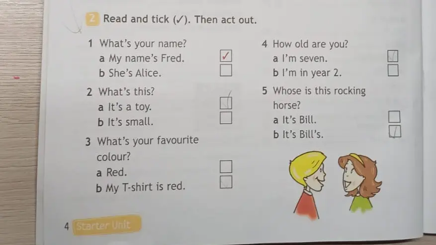 Нужно выбрать правильный ответ на вопросы: 1. What's your name? 2. What's this? 3. What's your favourite colour? 4. How old are you? 5. Whose is this rocking horse?