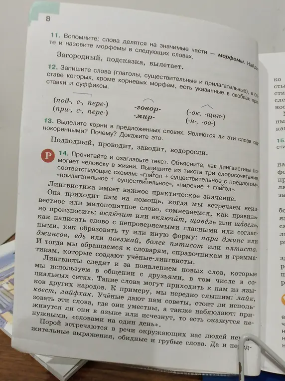 Ты просишь вспомнить, из каких морфем состоят слова: Загородный, подсказка, вылетает; записать слова, в составе которых есть указанные приставки и суффиксы; выделить корни в словах: Подводный, проводит, заводит, водоросли; озаглавить текст и объяснить, как лингвистика помогает человеку в жизни.