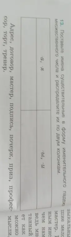 Составь имена существительные в форму именительного падежа множественного числа и распредели их по двум колонкам