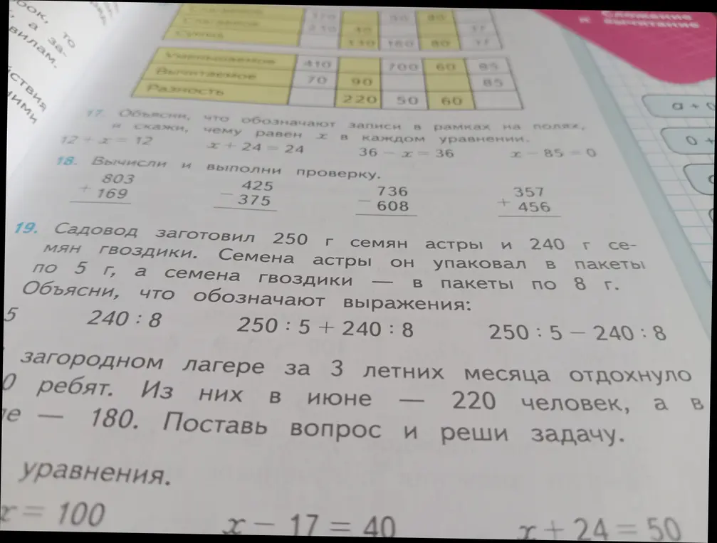 Объясни, что обозначают выражения: 240:8; 250:5+240:8; 250:5-240:8