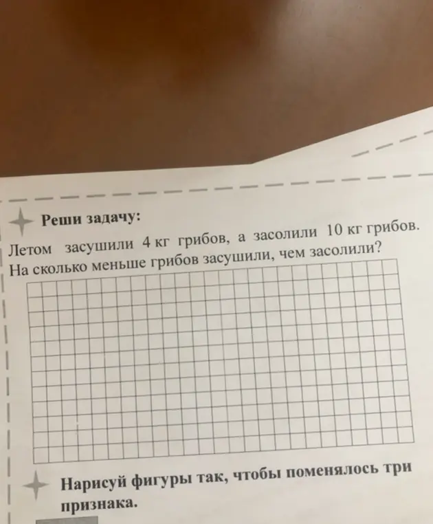 Реши задачу: Летом засушили 4 кг грибов, а засолили 10 кг грибов. На сколько меньше грибов засушили, чем засолили?