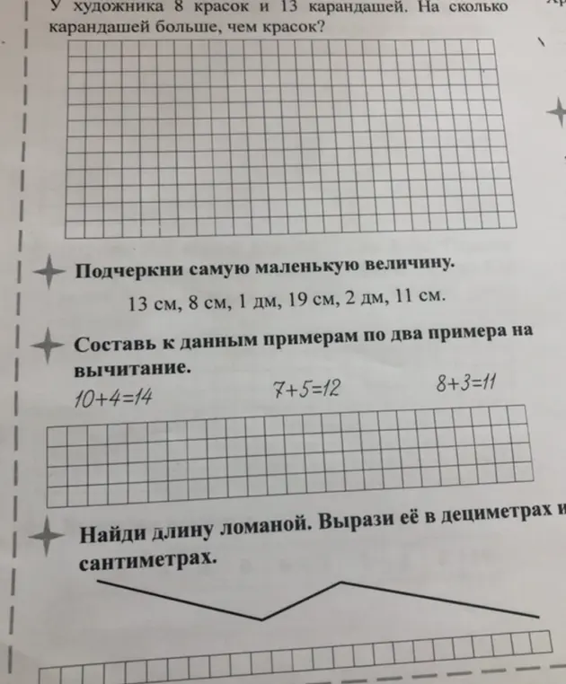 Реши задачу: у художника 8 красок и 13 карандашей. На сколько карандашей больше, чем красок? Подчеркни самую маленькую величину: 13 см, 8 см, 1 дм, 19 см, 2 дм, 11 см. Составь к данным примерам по два примера на вычитание: 10+4=14. Найди длину ломаной. Вырази её в дециметрах и сантиметрах.