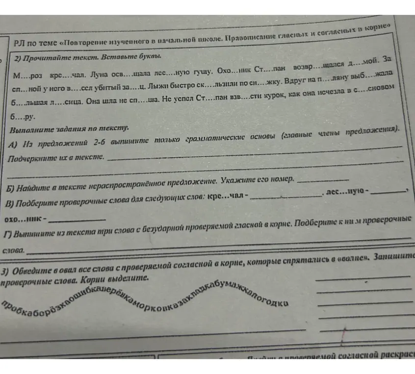 Помоги мне выполнить задания по русскому языку: вставить буквы в текст, выписать грамматические основы, найти нераспространенное предложение и подобрать проверочные слова.