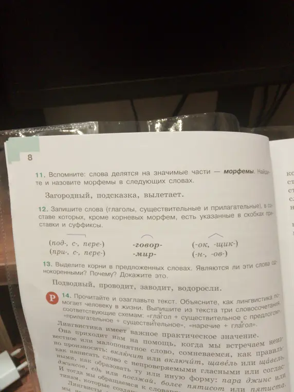Объясни, как делятся слова на значимые части и назови морфемы в словах: загородный, подсказка, вылетает.