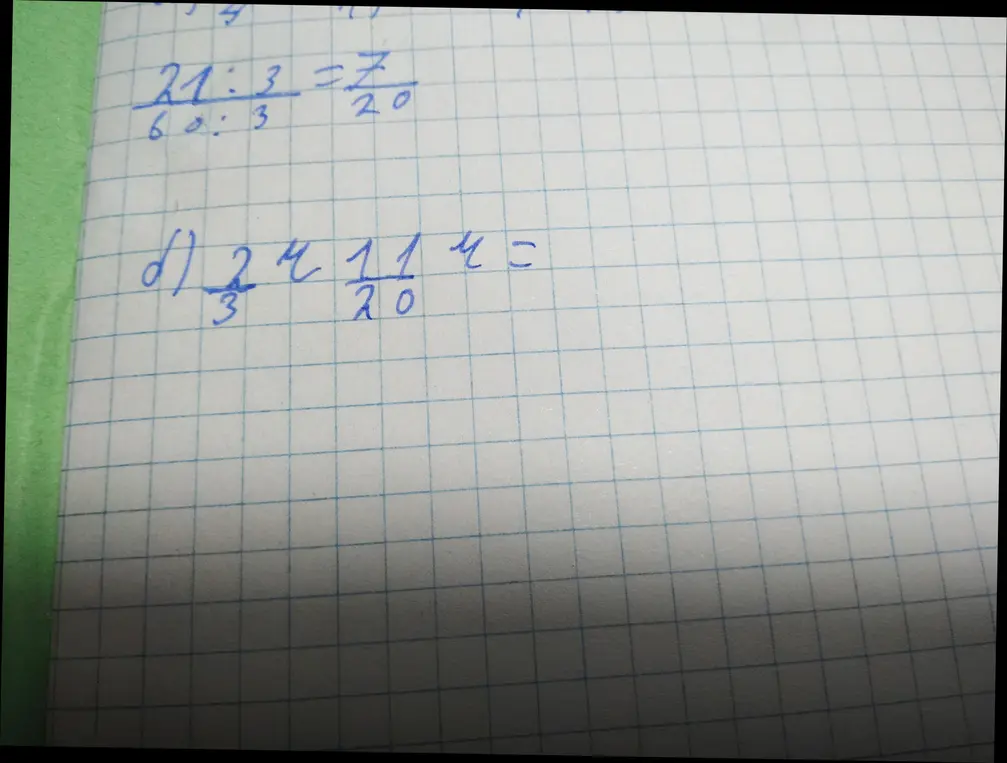 Реши пример: д) 2 11/20 : 3 =