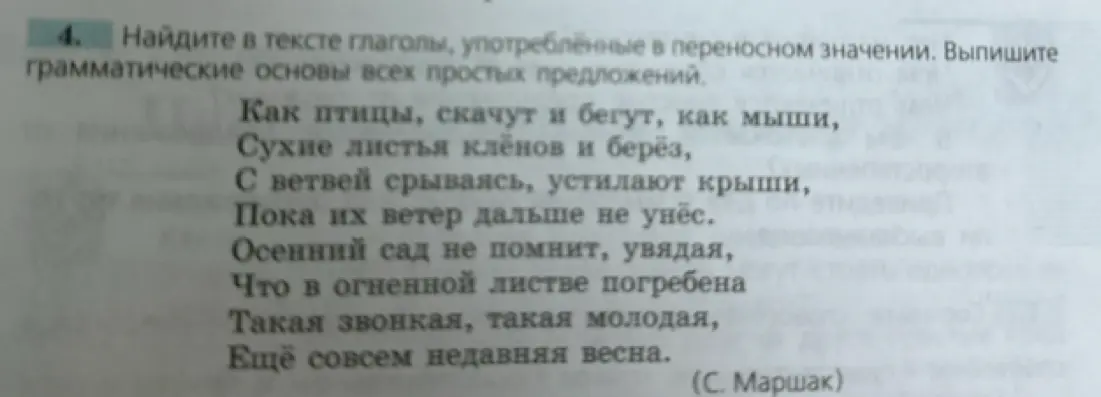 Помоги найти в тексте глаголы, употребленные в переносном значении и выписать грамматические основы всех простых предложений.