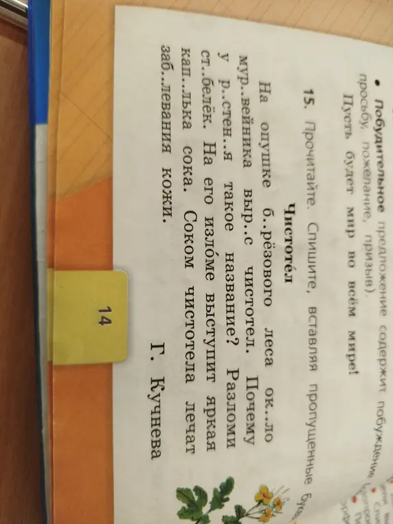Помоги вставить пропущенные буквы в тексте про чистотел