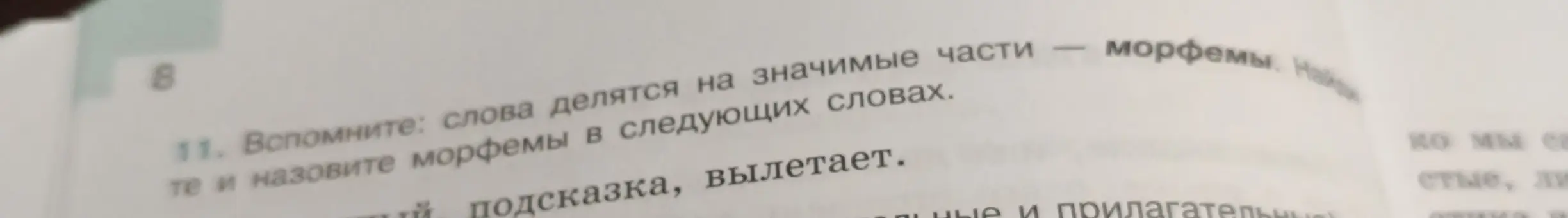 Назови морфемы в словах 'подсказка', 'вылетает'