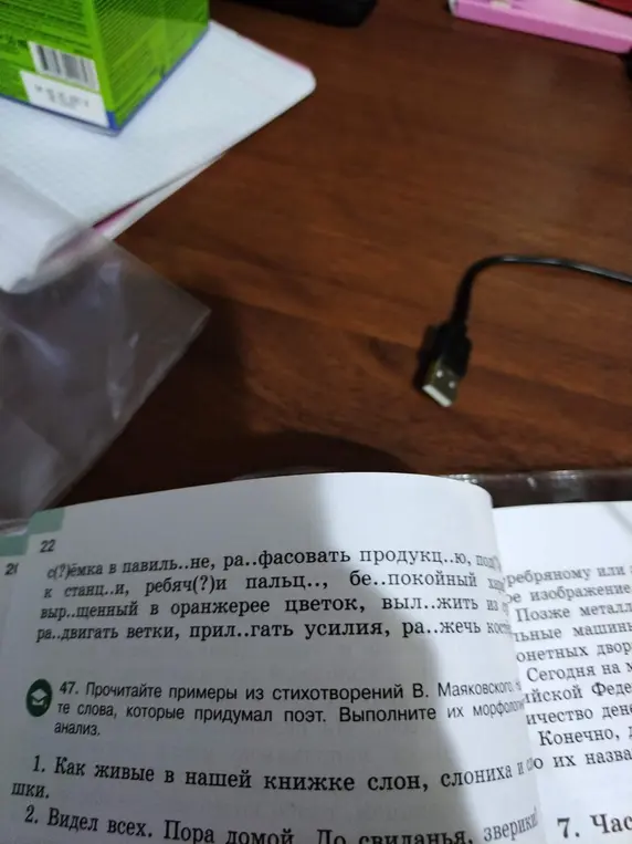В упражнении 22 нужно вставить пропущенные буквы, а в упражнении 47 определить слова, которые придумал поэт, и выполнить их морфологический анализ